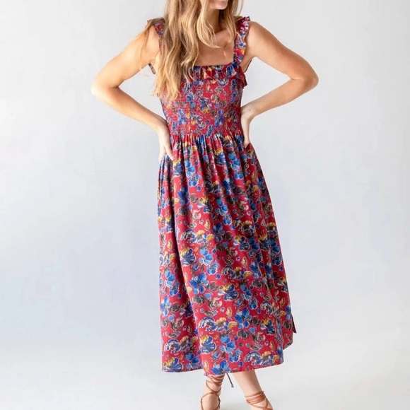 NATURAL LIFE Dresses & Skirts - NEW Natural Life Smocked Floral Midi Dress Red Blue Boho M Cottage Romantic